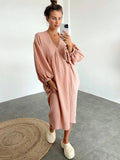 Taooba Linad Lantern Sleeve Night Dress Women Loose V Neck Sleepwear 2022 Autumn Cotton Woman Dresses Casual Pajamas Solid Elegant