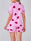 Taooba-2024 Valentine's Day Women 2 Piece Pajama Set Heart Print Short Sleeves Button Shirt and Elastic Shorts Loungewear Sleepwear