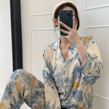 Taooba Christmas Outfit Light Luxury Spring and Autumn New Silk Smooth Pajamas for Women Monet Flower High Grade Long Sleeve Cardigan Satin Silk Pajamas