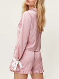 Taooba-Women y2k Cute Satin Comfy Pajama Set Long Sleeve Tie-up Contrast Color Shirt with Shorts Sleepwear Loungewear