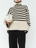 Taooba-Women's Striped Print Sweaters Long Sleeve Turtleneck Side Split Pullovers Casual Knit Tops