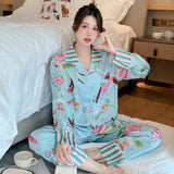 Taooba Christmas Outfit Women's Pajamas Sets Spring Autumn 2 Piece Flamingo Print Pyjama Faux Silk Satin Sleepwear Long Sleeve Pijama Mujer Pjs Homewear