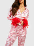 Taooba-2024 New Fashion Women's Satin Silk Pjs Loungewear Set Heart Print Feather Cuff Long Sleeve Tops with Long Pants Sleepwear