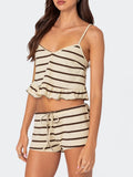 Taooba-Women's Summer Loungewear Set, Stripe Print Ruffled Cami Tops with Drawstring Shorts Sleepwear