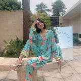 Taooba Ins Style Design Ice Silk Flamingo Pajamas Women's Spring Summer Long Sleeves Pants Home Suit Plant Flowers Sleepwear Female