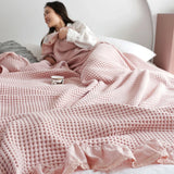 Taooba 100% Cotton Soft Bed Plaid Home Japenese Knitted Blanket Corn Grain Waffle Embossed Summer Ruffles Warm Plaid Throw Bedspread