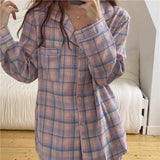 Taooba Christmas Outfit Minimalist and Casual Girls Pajamas Spring Autumn Thin Lapel Cardigan Home Clothing Purple Plaid Leisure Sleepwear for Students