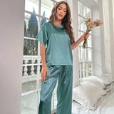 Taooba Women Pajama Set Sleepwear Spring Summer Sleepwear Pink Silk Satin Short Sleeve Top Shorts 2 Piece Casual Female Pijama Homewear