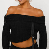 Taooba-Women Slash Neck Knitted Sweaters Tops with Belt Long Sleeve Off Shoulder Y2k Pullovers Slim Fit Korean Jumper Streetwear