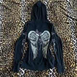 Taooba 00s Aesthetic Vintage Jacket Y2k Grunge Zip Up Sweatshirt Flower Wings Print Slim Fit Hoodies E-girl Gothic Cool Street Outwear