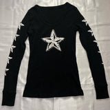 Taooba Star Pattern Rhinestone T-shirt Dark Academia Long Sleeve V Neck Pullovers Y2K Aesthetic Grunge E-girl Gothic Tees Tops Women