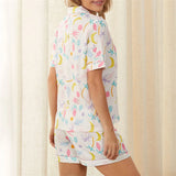 Taooba-Women Trend Two Piece Pajama Set Leaves Print Short Sleeve Button Closure Shirt with Shorts Sleepwear Loungewear