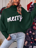 Taooba-Women Merry Sweaters Turtleneck Long Sleeve Letter Print Loose Knitted Pullover Merry Christmas Sweater