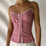 Taooba Lace Trimming Button Up Front Camisole Adjustable Straps Gingham Print Sleeveless Slim Fit Crop Tops Y2K Coquette Vintage Vest