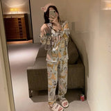 Taooba Christmas Outfit Pajamas for Women Satin Silk Pjs Summer Spring Pajamas Lapel Long Sleeved Shorts Kawaii Cat and Dogs Printed Women's Pajamas