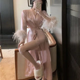 Taooba Women Clothing Wedding Dress Pijama Pink Long Sleeve Spring Sexy Long Nightgown Silk Chic Feather Casual Home Robes for Women