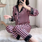 Taooba Women's Pajamas Sets Spring Autumn 2 Piece Striped Pyjama Faux Silk Satin Sleepwear Long Sleeve Button Pijama Mujer Pjs Homewear