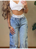 Taooba-American Vintage Women Cargo Pants Low Waist Straight Fake Zippers Multis Pockets Baggy Jeans Y2K Blue Aesthetic Old Trousers