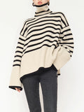 Taooba-Women's Striped Print Sweaters Long Sleeve Turtleneck Side Split Pullovers Casual Knit Tops