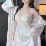 Taooba-Female Nighty&Robe Set Print Flower Kimono Bathrobe Gown Sleepwear Gown Satin Loungewear Spring Summer Nightgown Home Dressing