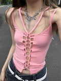 Taooba- Y2k Black Halter Tops Women Streetwear Sexy Hollow Out Pink Crop Top Aesthetic Sleeveless Hot Top Outwear Summer Female