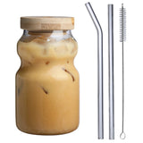 Taooba-350ml Glass Cups With Lid and Straw Mason Jar Clear Juice Milk Cup With Bamboo Lids Drinkware Simple Stripe Juice Milk Mocha Cup