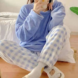 Taooba Christmas Outfit Fleece Thick Warm Women's Pajamas Set Winter Sleepwear Casual Solid Top and Plaid Pants Soft Pijamas Set for Women Home Suit