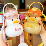 Taooba-1pc 1000ml Cute Duck Water Bottle with Strap Straw for Girls Plastic Cup Portable Drinking Bottle Kids Water Bottle BPA Free