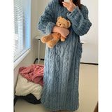 Taooba Christmas Gift Winter Long Sleeve Double Pocket Flannel Nightgowns Women Loose Solid Sleepwear Jacquard Night Dress Thickened Warm Nightdress