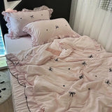 Korean Style Girl Lace Embroidered Bow Summer Cool Quilt Set Of Four Pieces, Washed Cotton, Simple Air Conditioning Quilt,