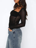 Taooba-Sexy Pink Black Lace Up Square Neck Long Sleeve Crop Top See Through Irregular Mesh Patchwork Shirts & Blouses Asymmetric Tops