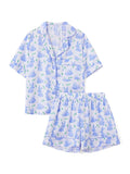 Taooba-Women 2 Piece Y2k Rabbit Print Pajama Set Short Sleeve Lapel Collared Button Down Shirt Shorts Pjs Lounge Easter Day Sleepwear