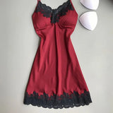 Taooba Christmas Outfit Women Sexy Lingerie Summer Silk Night Gown Lace Patchwork Mini Night Dress Spaghetti Strap Sleepwear Ladies With Chest Pads