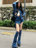 Taooba-Streetwear Blue Cowboy Tops Coat Asymmetrical Design Lace Up Denim Mini Skirt Autumn Three Piece Sets Womens Outfits