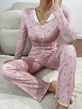 Autumn Winter Floral Print Pajamas Set for Women Sleepwear Long Sleeve Top and Long Pants 2 Piece Casual Homewear Loungewear