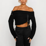 Taooba-Women Slash Neck Knitted Sweaters Tops with Belt Long Sleeve Off Shoulder Y2k Pullovers Slim Fit Korean Jumper Streetwear