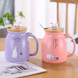 1pc 420ml Cartoon Cat Ceramic Mug Portable Coffee Cup With Wooden Lid And Stainless Steel Spoon Handle Drinking Cup For Home