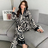 Taooba Christmas Outfit Spring Autumn Women Pajama Sets Faux Silk Satin Pijama Long Sleeve Luxury Lapel Sleepwear Zebra Stripes Pyjamas Female Home Suit