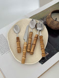 Taooba-Natural Bamboo Handle Handmade Western Food Dessert Fork Smoothie Spoon Stainless Steel Tableware Knife Spoons and Forks Sets