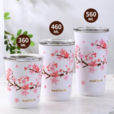 Taooba-304 Stainless Stee Cup Cherry Blossom Thermal Mug with Lid Hands-on Straw Cup Milk Tea Coffee Cup Leak-Proof Water Cup Travel