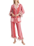 Taooba-Y2K Stripes 2 Piece Pajama Set with Feathers Women Long Sleeves Shirt and Elastic Pants for Loungewear Sleepwear for Nightwear