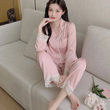 Taooba Christmas Outfit Spring Autumn New Ice Silk Soft Pajama Sets for Women Lace Lapel Cardigan Outfits for Women 2 Piece Set Sweet Pink Women Pajama