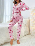 Taooba-Valentines Day Women Sexy Bodycon One Body Pajama Heart Print Long Sleeve Button V Neck Jumpsuit 1Piece Romper Sleepwear