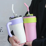 860ml Large Capacity Coffee Cup with Handle Straw Thermos Cup Stainless Steel Ice Drink Cup Water Bottle for Gym Travel Office