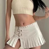 Taooba-Punk Leather Skirt Women Y2k Streetwear Low Waist A-line Split Rivet Zipper Sexy Pleated Mini Skirt Summer Night Club