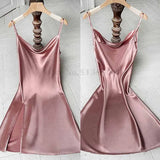 Taooba-Pink Satin Sexy Split Sleep Shirts Intimate Lingerie Nightgown Women's Loose Casual Home Wear Spaghetti Strap Chemise Nightdress