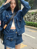 Taooba-Streetwear Blue Cowboy Tops Coat Asymmetrical Design Lace Up Denim Mini Skirt Autumn Three Piece Sets Womens Outfits