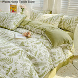 Green Pastoral Floral Leaves Duvet Cover with Pillow Case, Bed Sheet, Kids, Girls Bedding Set, King and Queen Bed Linen, Ins