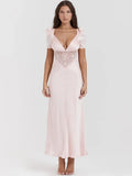 Taooba-Suninheart Wedding Guest Dresses Women 2024 Autumn Pink Elegant Short Sleeve Lace Party Dresses Long Maxi Formal Occasion Dress