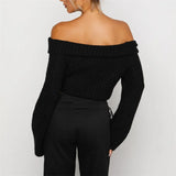 Taooba-Women Slash Neck Knitted Sweaters Tops with Belt Long Sleeve Off Shoulder Y2k Pullovers Slim Fit Korean Jumper Streetwear